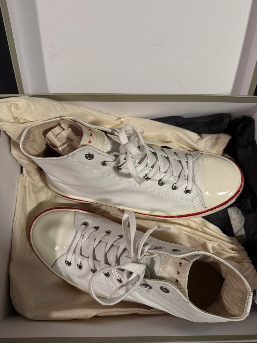 White High-Top Sneakers with Red Trim